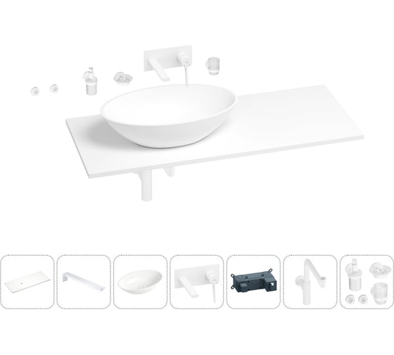 Раковина-столешница с чашей слева Wellsee Le.huit.mars в наборе 10 в 1: раковина, столешница 100 см, кронштейны, смеситель, сифон, аксессуары (цвет набора матовый белый) 202004739 1