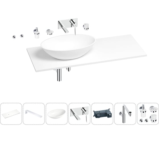 Раковина-столешница с чашей слева Wellsee Le.huit.mars в наборе 10 в 1: раковина, столешница 110 см, кронштейны, смеситель, сифон, аксессуары (цвет набора хром) 202004745 1