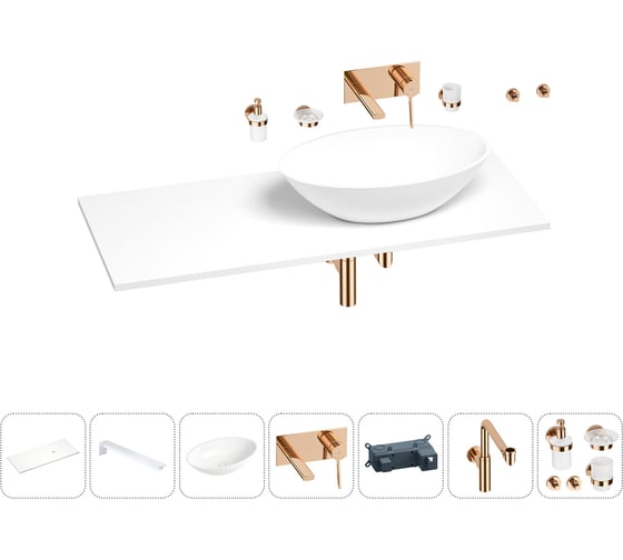 Раковина-столешница с чашей справа Wellsee Le.huit.mars в наборе 10 в 1: раковина, столешница 130 см, кронштейны, смеситель, сифон, аксессуары (цвет набора розовое золото) 202004778 1