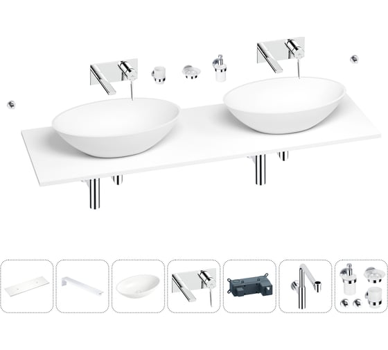 Раковина-столешница с двумя чашами Wellsee Le.huit.mars в наборе 10 в 1: раковины, столешница 160 см, кронштейны, смесители, сифоны, аксессуары (цвет набора хром) 202004785 1