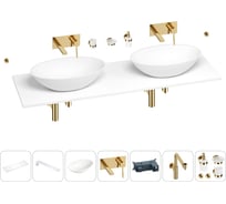 Раковина-столешница с двумя чашами Wellsee Le.huit.mars в наборе 10 в 1: раковины, столешница 160 см, кронштейны, смесители, сифоны, аксессуары (цвет набора золото) 202004787