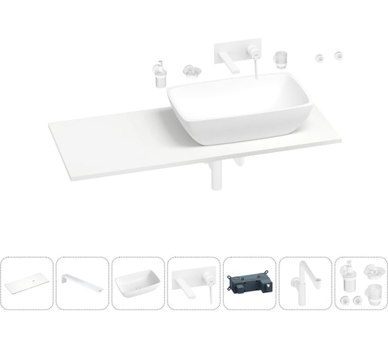 Раковина-столешница с чашей справа Wellsee La.chance в наборе 10 в 1: раковина, столешница 100 см, кронштейны, смеситель, сифон, аксессуары (цвет набора матовый белый) 202004814 1