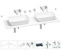 Раковина-столешница с двумя чашами Wellsee La.chance в наборе 10 в 1: раковины, столешница 150 см, кронштейны, смесители, сифоны, аксессуары (цвет набора хром) 202004850