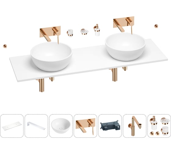 Раковина-столешница с двумя чашами Wellsee La.lune в наборе 10 в 1: раковины, столешница 130 см, кронштейны, смесители, сифоны, аксессуары (цвет набора розовое золото) 202004928 1