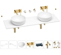 Раковина-столешница с двумя чашами Wellsee La.lune в наборе 10 в 1: раковины, столешница 160 см, кронштейны, смесители, сифоны, аксессуары (цвет набора золото) 202004942