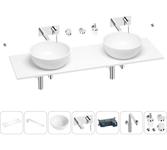 Раковина-столешница с двумя чашами Wellsee La.lune в наборе 10 в 1: раковины, столешница 140 см, кронштейны, смесители, сифоны, аксессуары (цвет набора хром) 202004930 1