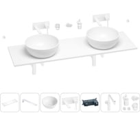 Раковина-столешница с двумя чашами Wellsee La.lune в наборе 10 в 1: раковины, столешница 140 см, кронштейны, смесители, сифоны, аксессуары (цвет набора матовый белый) 202004934