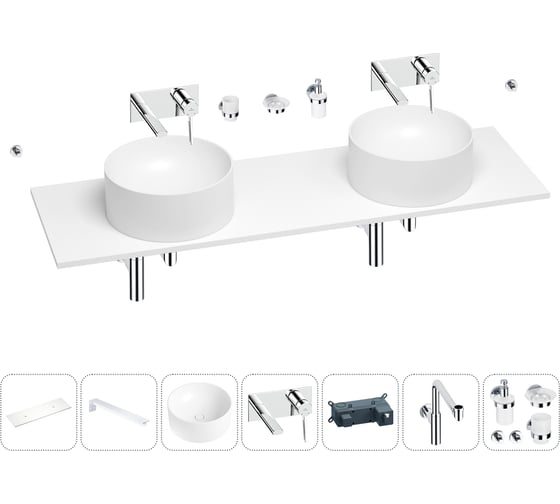 Раковина-столешница с двумя чашами Wellsee Le.charme в наборе 10 в 1: раковины, столешница 120 см, кронштейны, смесители, сифоны, аксессуары (цвет набора хром) 202004995 1