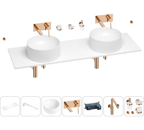 Раковина-столешница с двумя чашами Wellsee Le.charme в наборе 10 в 1: раковины, столешница 120 см, кронштейны, смесители, сифоны, аксессуары (цвет набора розовое золото) 202004998 1