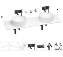 Раковина-столешница с двумя чашами Wellsee Le.charme в наборе 10 в 1: раковины, столешница 150 см, кронштейны, смесители, сифоны, аксессуары (цвет набора матовый черный) 202005021