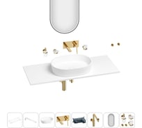 Раковина-столешница Wellsee Le.premier в наборе 11 в 1: каменная раковина со столешницей 120 см, кронштейны, смеситель, сифон, аксессуары, зеркало (цвет набора золото) 202005067