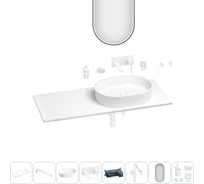Раковина-столешница с чашей справа Wellsee Le.premier в наборе 11 в 1: раковина, столешница 110 см, кронштейны, смеситель, сифон, аксессуары, зеркало (цвет набора матовый белый) 202005064