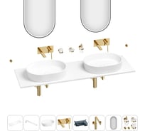 Раковина-столешница с двумя чашами Wellsee Le.premier в наборе 11 в 1: раковины, столешница 150 см, кронштейны, смесители, сифоны, аксессуары, зеркала (цвет набора золото) 202005097