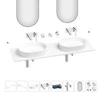 Раковина-столешница с двумя чашами Wellsee Le.premier в наборе 11 в 1: раковины, столешница 150 см, кронштейны, смесители, сифоны, аксессуары, зеркала (цвет набора хром) 202005095