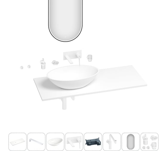 Раковина-столешница с чашей слева Wellsee Le.huit.mars в наборе 11 в 1: раковина, столешница 100 см, кронштейны, смеситель, сифон, аксессуары, зеркало (цвет набора матовый белый) 202005124 1