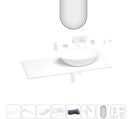 Раковина-столешница с чашей справа Wellsee Le.huit.mars в наборе 11 в 1: раковина, столешница 100 см, кронштейны, смеситель, сифон, аксессуары, зеркало (цвет набора матовый белый) 202005129 1