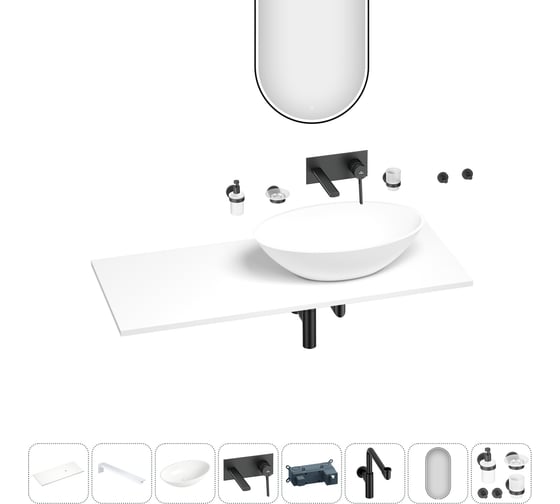 Раковина-столешница с чашей справа Wellsee Le.huit.mars в наборе 11 в 1: раковина, столешница 100 см, кронштейны, смеситель, сифон, аксессуары, зеркало (цвет набора матовый черный) 202005126 1