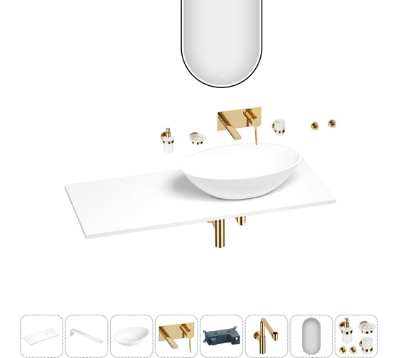 Раковина-столешница с чашей справа Wellsee Le.huit.mars в наборе 11 в 1: раковина, столешница 100 см, кронштейны, смеситель, сифон, аксессуары, зеркало (цвет набора золото) 202005127 1