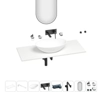 Раковина-столешница Wellsee Le.huit.mars в наборе 11 в 1: каменная раковина со столешницей 100 см, кронштейны, смеситель, сифон, аксессуары, зеркало (цвет набора матовый черный) 202005116