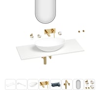 Раковина-столешница Wellsee Le.huit.mars в наборе 11 в 1: каменная раковина со столешницей 120 см, кронштейны, смеситель, сифон, аксессуары, зеркало (цвет набора золото) 202005142