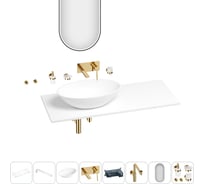 Раковина-столешница с чашей слева Wellsee Le.huit.mars в наборе 11 в 1: раковина, столешница 120 см, кронштейны, смеситель, сифон, аксессуары, зеркало (цвет набора золото) 202005147