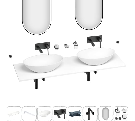 Раковина-столешница с двумя чашами Wellsee Le.huit.mars в наборе 11 в 1: раковины, столешница 150 см, кронштейны, смесители, сифоны, аксессуары, зеркала (цвет набора матовый черный) 202005166 1