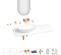 Раковина-столешница с чашей слева Wellsee Le.huit.mars в наборе 11 в 1: раковина, столешница 120 см, кронштейны, смеситель, сифон, аксессуары, зеркало (цвет набора розовое золото) 202005148