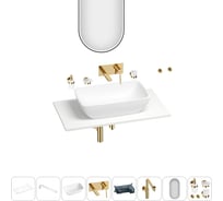 Раковина-столешница Wellsee La.chance в наборе 11 в 1: каменная раковина со столешницей 90 см, кронштейны, смеситель, сифон, аксессуары, зеркало (цвет набора золото) 202005182