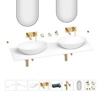 Раковина-столешница с двумя чашами Wellsee Le.huit.mars в наборе 11 в 1: раковины, столешница 150 см, кронштейны, смесители, сифоны, аксессуары, зеркала (цвет набора золото) 202005167