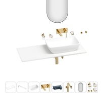 Раковина-столешница с чашей справа Wellsee La.chance в наборе 11 в 1: раковина, столешница 100 см, кронштейны, смеситель, сифон, аксессуары, зеркало (цвет набора золото) 202005197