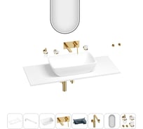 Раковина-столешница Wellsee La.chance в наборе 11 в 1: каменная раковина со столешницей 100 см, кронштейны, смеситель, сифон, аксессуары, зеркало (цвет набора золото) 202005187