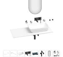 Раковина-столешница с чашей справа Wellsee La.chance в наборе 11 в 1: раковина, столешница 120 см, кронштейны, смеситель, сифон, аксессуары, зеркало (цвет набора матовый черный) 202005221