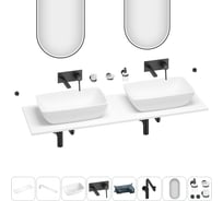 Раковина-столешница с двумя чашами Wellsee La.chance в наборе 11 в 1: раковины, столешница 150 см, кронштейны, смесители, сифоны, аксессуары, зеркала (цвет набора матовый черный) 202005236