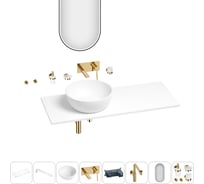Раковина-столешница с чашей слева Wellsee La.lune в наборе 11 в 1: раковина, столешница 100 см, кронштейны, смеситель, сифон, аксессуары, зеркало (цвет набора золото) 202005262