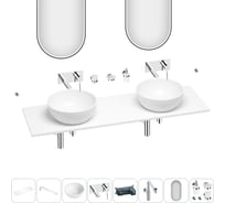 Раковина-столешница с двумя чашами Wellsee La.lune в наборе 11 в 1: раковины, столешница 120 см, кронштейны, смесители, сифоны, аксессуары, зеркала (цвет набора хром) 202005295