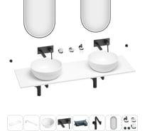 Раковина-столешница с двумя чашами Wellsee La.lune в наборе 11 в 1: раковины, столешница 130 см, кронштейны, смесители, сифоны, аксессуары, зеркала (цвет набора матовый черный) 202005311