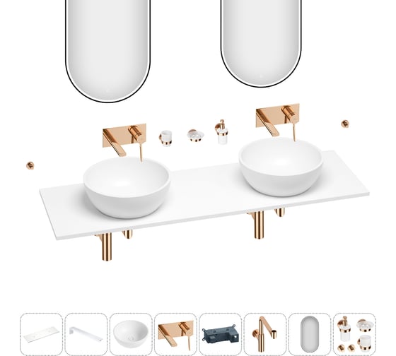 Раковина-столешница с двумя чашами Wellsee La.lune в наборе 11 в 1: раковины, столешница 160 см, кронштейны, смесители, сифоны, аксессуары, зеркала (цвет набора розовое золото) 202005328 1