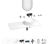 Раковина-столешница с чашей справа Wellsee Le.charme в наборе 11 в 1: раковина, столешница 130 см, кронштейны, смеситель, сифон, аксессуары, зеркало (цвет набора матовый черный) 202005391