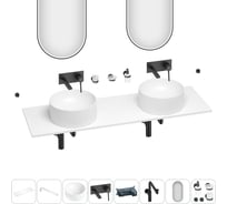 Раковина-столешница с двумя чашами Wellsee Le.charme в наборе 11 в 1: раковины, столешница 130 см, кронштейны, смесители, сифоны, аксессуары, зеркала (цвет набора матовый черный) 202005396