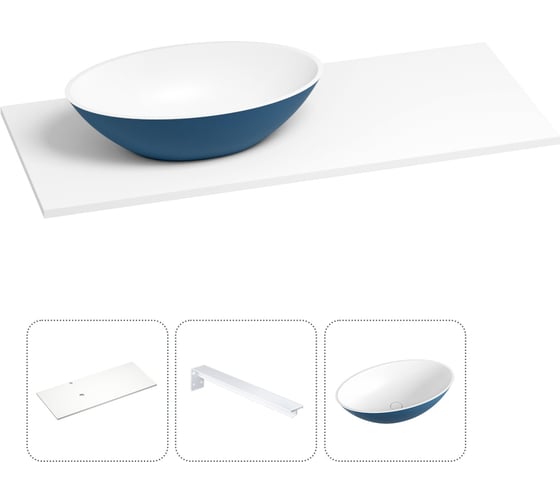 Раковина-столешница с чашей слева Wellsee Le.huit.mars в наборе 3 в 1: раковина из камня с подвесной столешницей 100 см (цвет матовый темно-синий/матовый белый), с кронштейнами 202005506 1