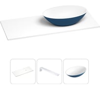 Раковина-столешница с чашей справа Wellsee Le.huit.mars в наборе 3 в 1: раковина из камня с подвесной столешницей 130 см (цвет матовый темно-синий/матовый белый), с кронштейнами 202005514