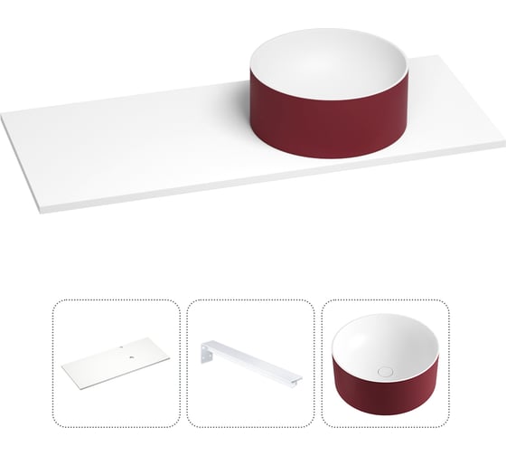 Раковина-столешница с чашей справа Wellsee Le.charme в наборе 3 в 1: раковина из камня с подвесной столешницей 100 см (цвет матовый пурпурно-красный/матовый белый), с кронштейнами 202005676 1