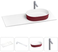 Раковина-столешница с чашей справа Wellsee Le.premier в наборе 4 в 1: раковина из камня с подвесной столешницей 100 см (цвет матовый пурпурно-красный/матовый белый), кронштейны, смеситель 202005742