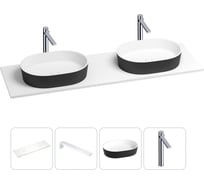 Раковина-столешница Wellsee Le.premier в наборе 4 в 1: две раковины из камня с подвесной столешницей 140 см (цвет матовый черный/матовый белый), кронштейны, смесители 202005735