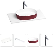 Раковина-столешница для ванной Wellsee Le.premier в наборе 4 в 1: каменная раковина матового пурпурно-красного/матового белого цвета, столешница 80 см, кронштейны, смеситель 202005738