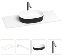 Раковина-столешница для ванной Wellsee Le.premier в наборе 4 в 1: каменная раковина матового черного/матового белого цвета, столешница 100 см, кронштейны, смеситель 202005725
