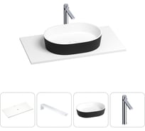 Раковина-столешница для ванной Wellsee Le.premier в наборе 4 в 1: каменная раковина матового черного/матового белого цвета, столешница 90 см, кронштейны, смеситель 202005724