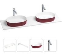 Раковина-столешница Wellsee Le.premier в наборе 4 в 1: две раковины из камня с подвесной столешницей 150 см (цвет матовый пурпурно-красный/матовый белый), кронштейны, смесители 202005751