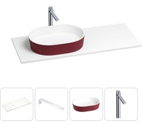 Раковина-столешница с чашей слева Wellsee Le.premier в наборе 4 в 1: раковина из камня с подвесной столешницей 120 см (цвет матовый пурпурно-красный/матовый белый), кронштейны, смеситель 202005746