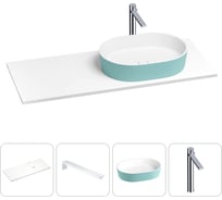 Раковина-столешница с чашей справа Wellsee Le.premier в наборе 4 в 1: раковина из камня с подвесной столешницей 110 см (цвет матовый бирюзовый/матовый белый), кронштейны, смеситель 202005774